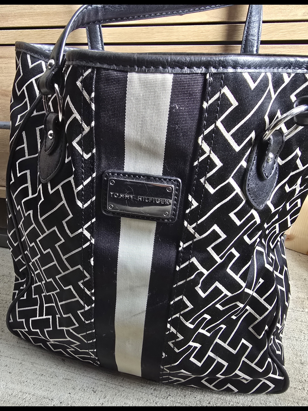 Tommy Hilfiger Black & White Geometric Stripe Tote